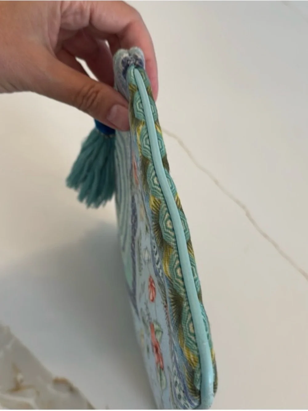 Camilla Shades of Rio Floral Blue-Green Canvas Tassel Clutch